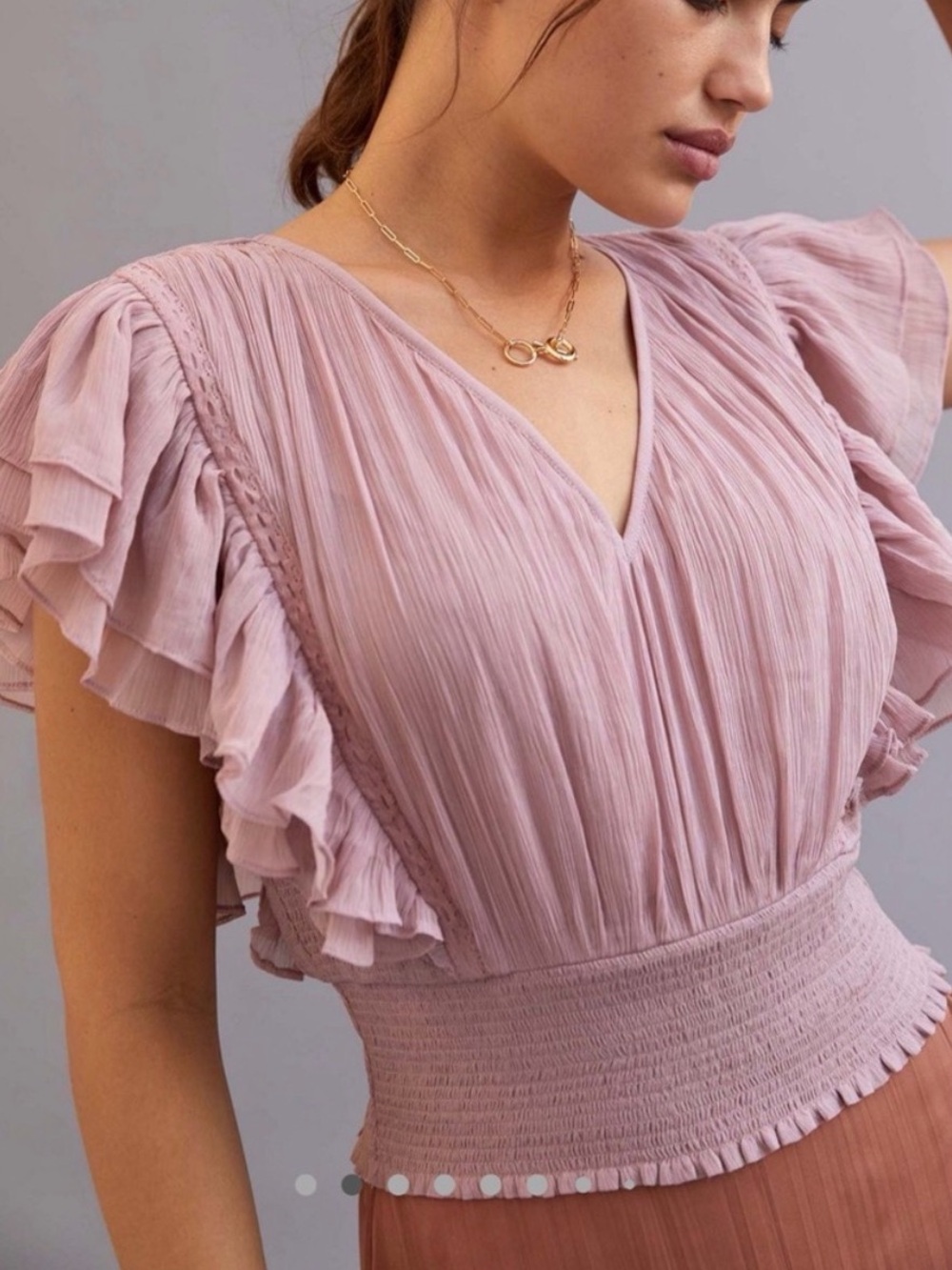 Anthropology Smock Ruffled V-Neck Blouse in Dusty Mauve